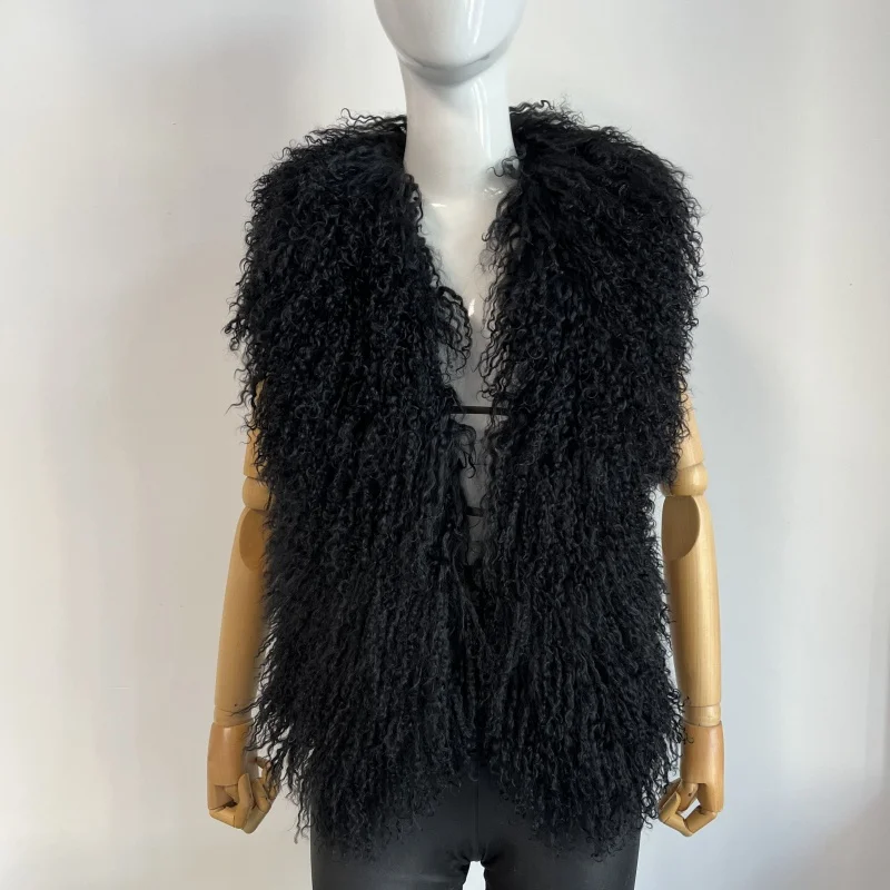 BEIZIRU Women's Fluffy Luxury Real Mongolian Fur Halter Vest Sleeveless Deep V-Neck Solid Top Outerwear