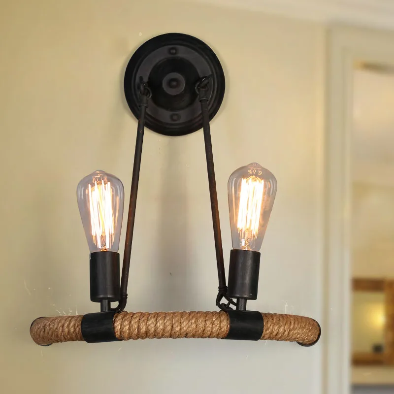 

Vintage Retro Hemp Rope Iron Wall Lamp Industrial Loft E27 2 Heads Wall Lights Rustic Sconce Wall Light For Gallery