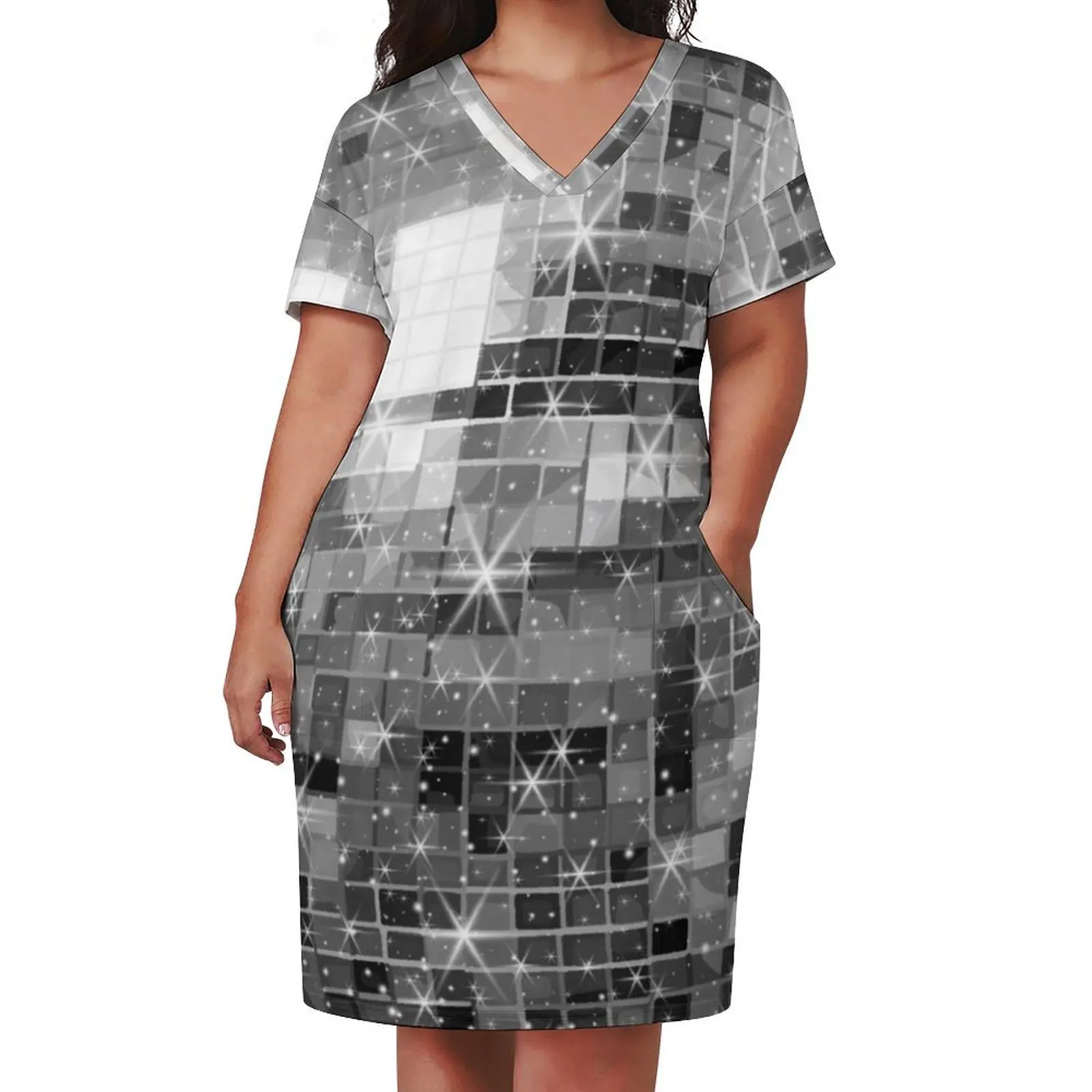 Twinkle Silver Disco Ball All Over Pattern Loose Pocket Dress Long veiled dresses dresses summer