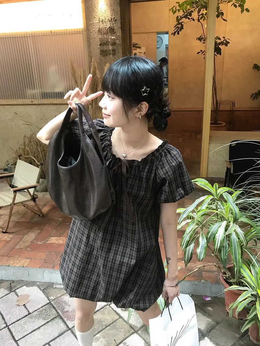 Nette Plaid Knospe Kleid Frauen 2025, Sommer Puff Sleeve Rundhals Krawatte Chic Kurze Kleider Japanischen Retro Süße Y2k Vestidos