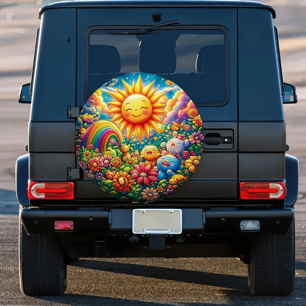 1pc, Tire Storage Bags Featuring Rainbow Clouds And Sunflowers In A Cartoon Style, Made From 100% Polyester, Suitable For Birthd