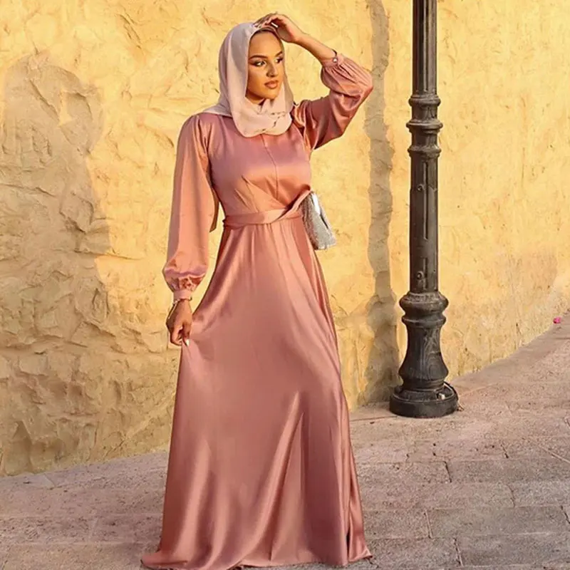 Plain Abaya for Women Satin Islamic Long Dress Wrap Waist Muslim Hijab Robe  Dubai Turkish Modest Abayas Party Kaftan Summer