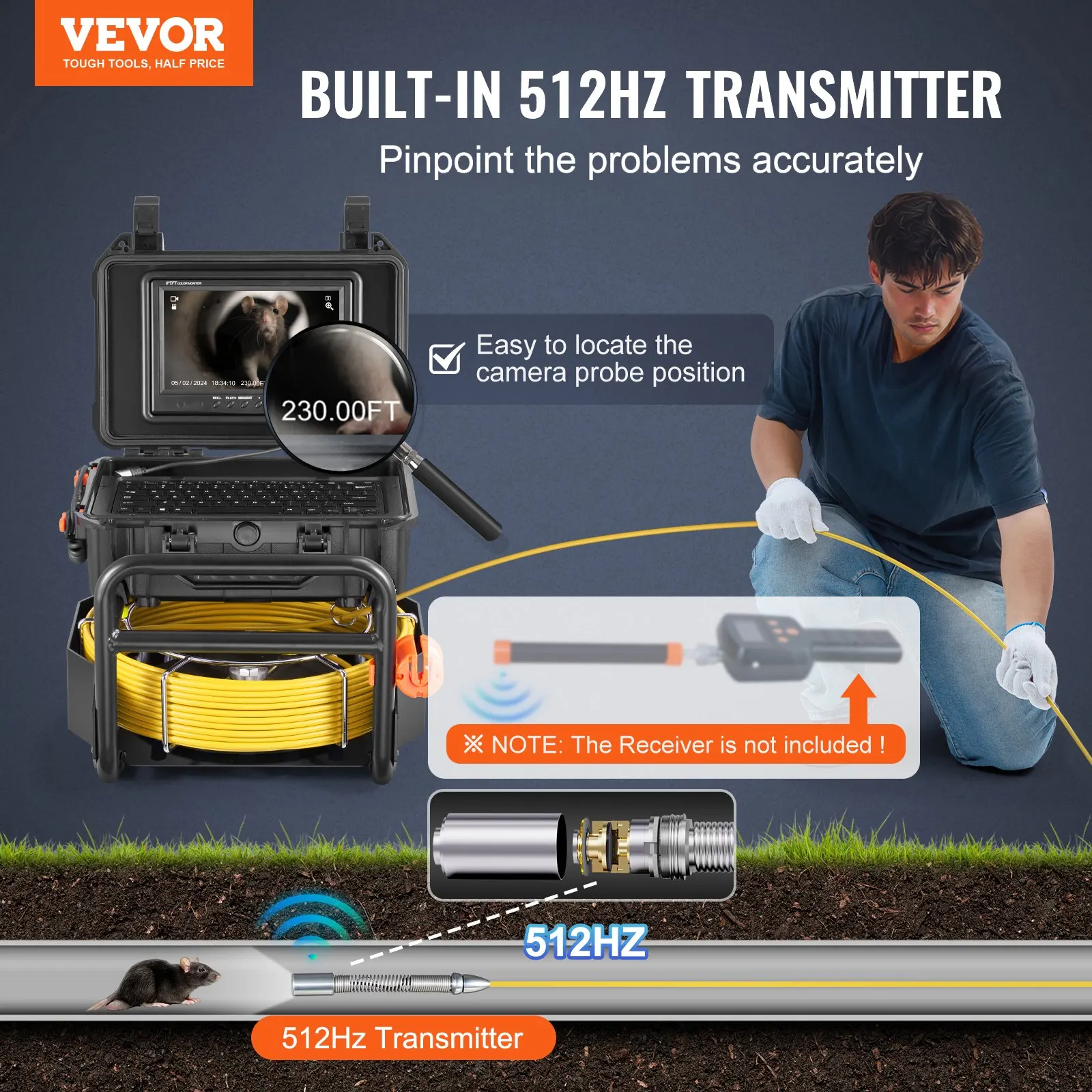 

Sewer Camera, 230 Ft/70m, Self-Leveling Drain Camera With 512Hz Transmitter, Distance Counter, 9" Screen 1080P HD Snake