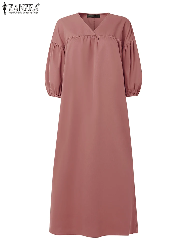 เดรสผู้หญิง ZANZEA ดีไซน์หรูหรา ประจำฤดูใบไม้ร่วงปี 2025 แขนทรงโคมไฟ 3/4 คอวี ทรงเอไลน์ หลวมสบาย เหมาะสำหรับทำงาน สไตล์เรียบหรู ผ้าสีพื้น ทรงยาวแบบคาฟตัน