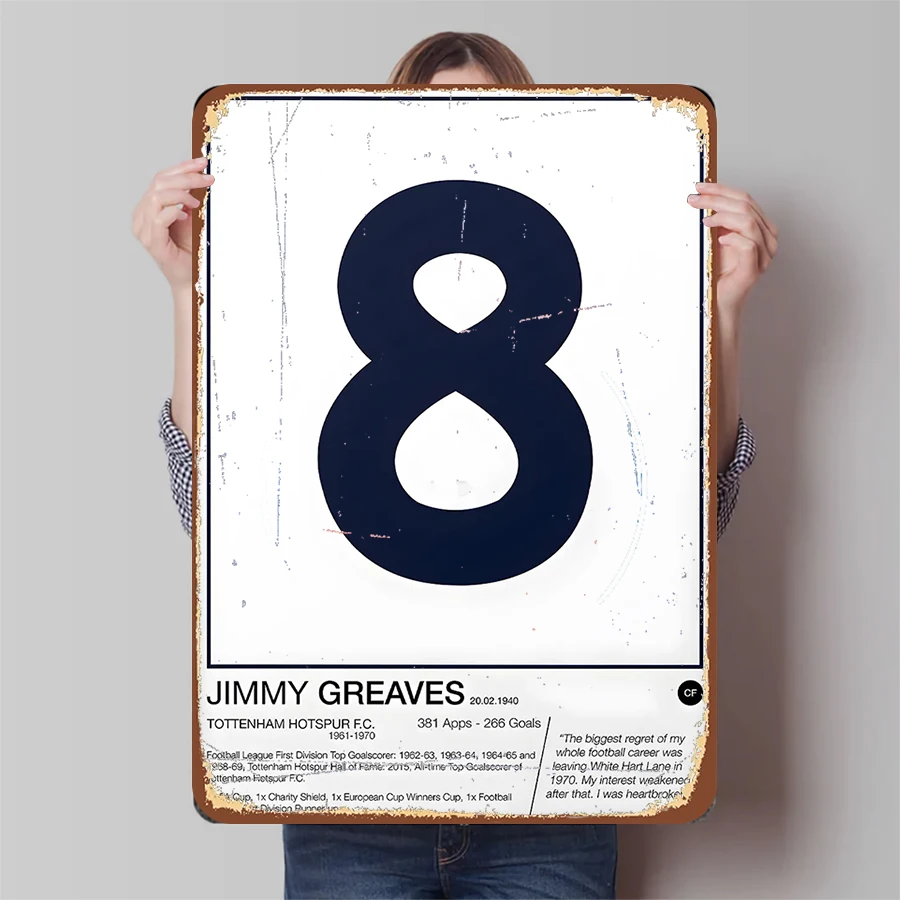 Jimmy Greaves Tottenham Hotspur Legend No.8 Pintura de ferro Decoração de estrela de futebol Lembrança de fã