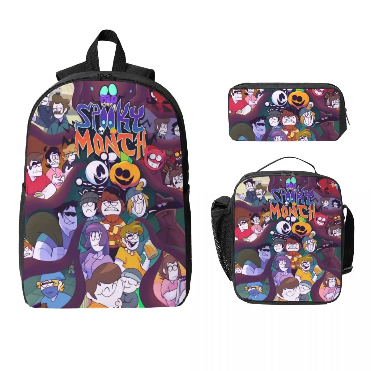 3Pcs Spooky Month Horror merch Backpack Set for Children Pen Bags Bookbag Sets with Lunch Box For School Students Daypack