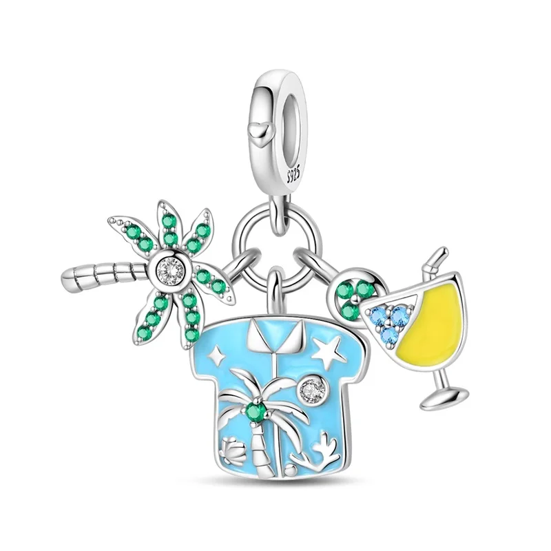 Trendy 925 Sterling Silver Summer Cocktail Charms Pendant Fit Original Bracelet DIY Ladies Party Jewelry