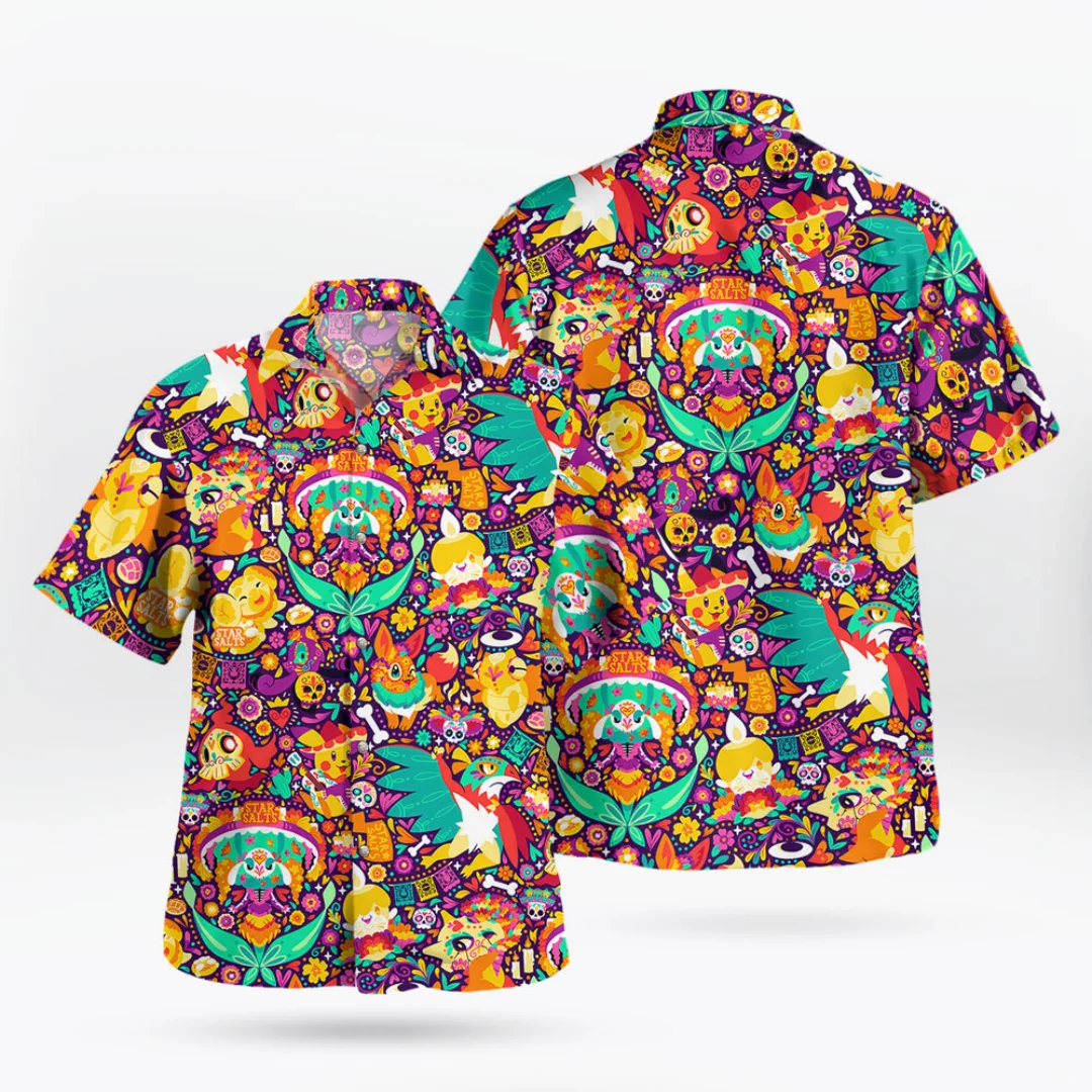 Camiseta hawaiana de Pokemon Dia de los Muertos, regalo para fanáticos de Pokemon, camiseta deportiva de verano para hombre, ropa para niños, camiseta para mujer