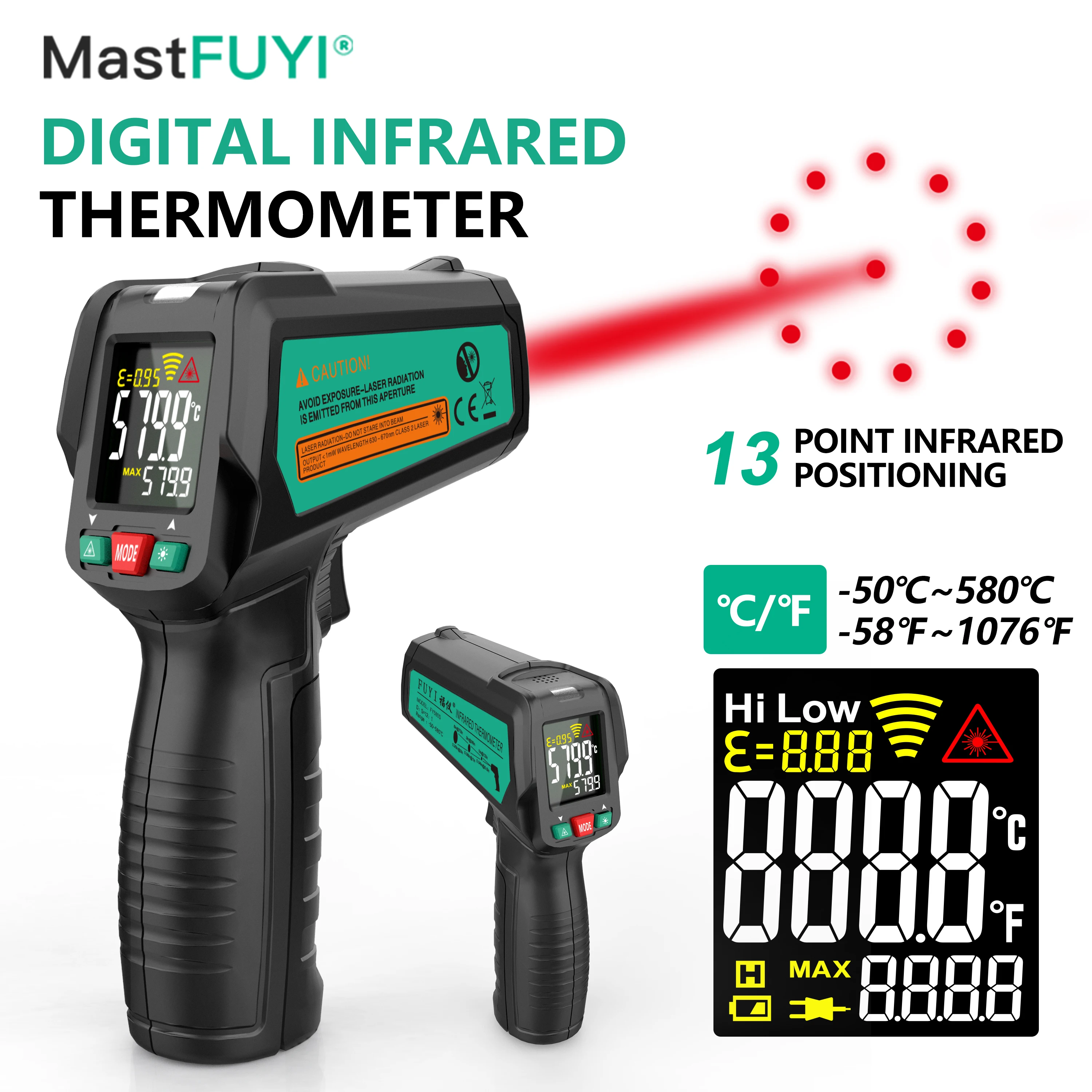 MASTFUYI 고정밀 13레이저 점 LCD 적외선 온도계 -50°C~580°C 디지털 비접촉 산업용 온도계