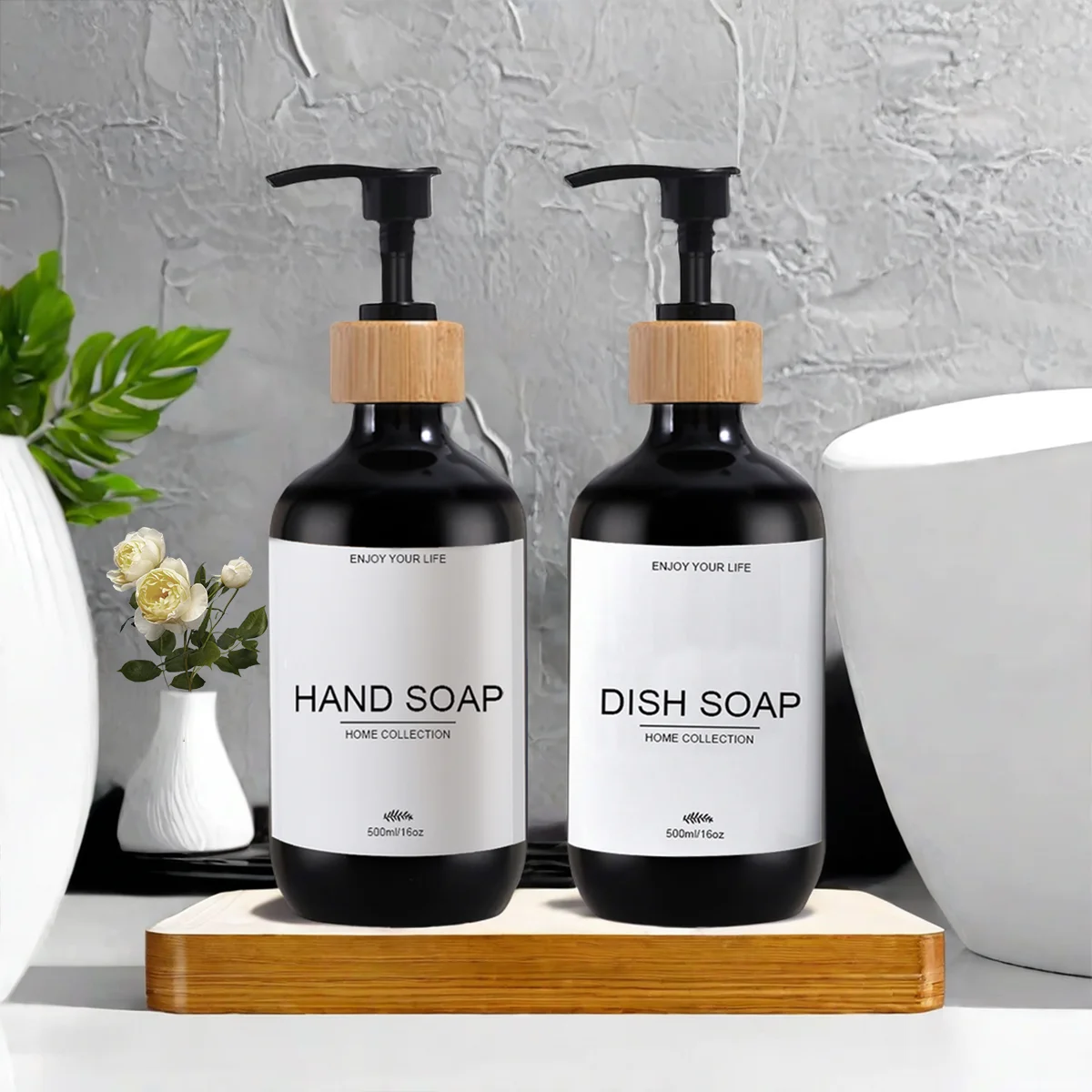 Black Soap Dispenser Set Kitchen Hands and Dish Soap Pump Dispenser Bathroom Hand Soap Bottle with Waterproof Label Sticker