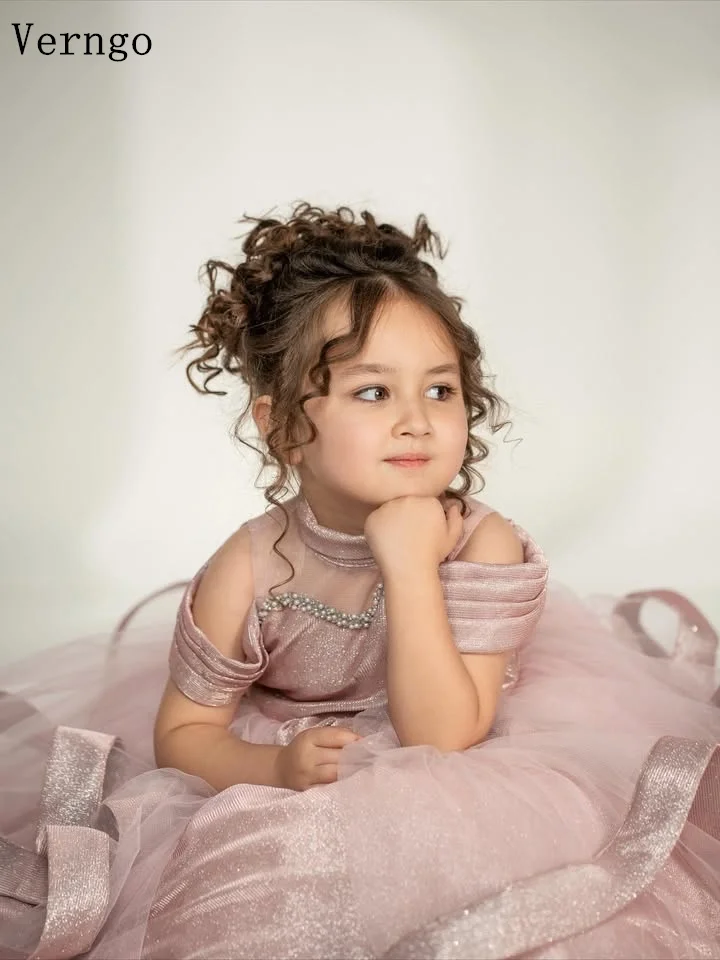 Verngo 핑크 샤이니 소녀 생일 파티 드레스 오프 숄더 라인 공주 꽃 드레스 연예인 키즈 파티 가운 맞춤형
