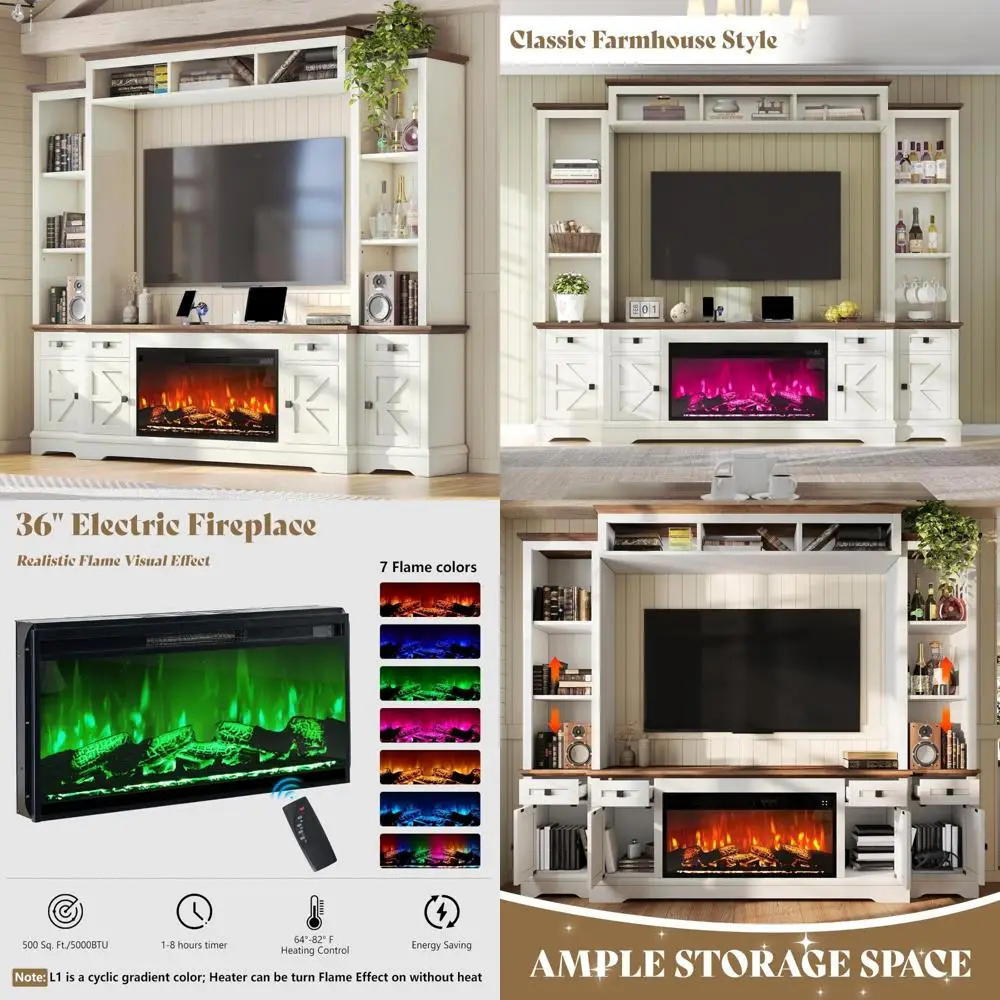 مركز ترفيه على طراز المزرعة مقاس 98 بوصة مع مدفأة وحامل تلفزيون ورف كتب وخزانة مشروبات لأجهزة التلفاز مقاس 75 بوصة