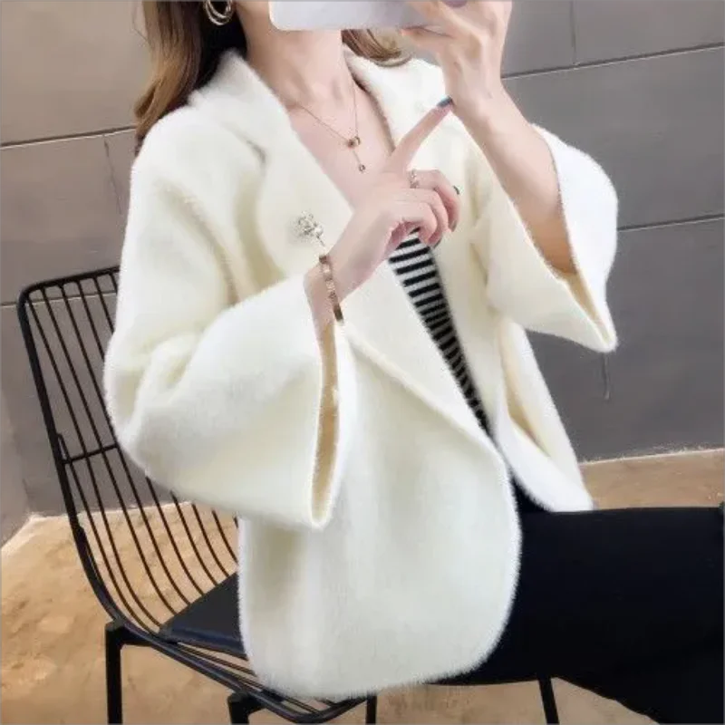 

Imitation Mink Velvet Female Knitted Cardigans Coat Korea Autumn Winter Loose Solid Color Women Sweater Top