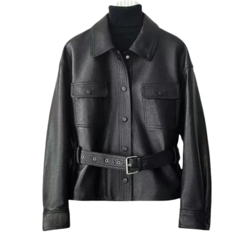 

2025 Lapel Shirt PU Leather Locomotive Washed Leather Jacket Slim Jacket Women