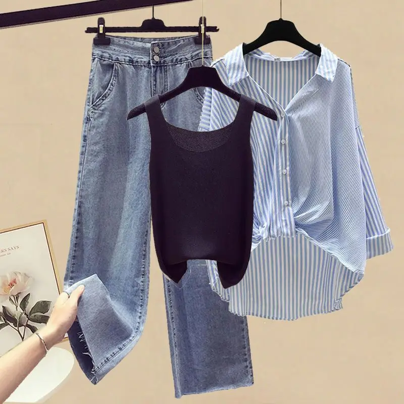 Imagem -03 - Roupas Femininas Idade Redução Conjunto para a Primavera Verão 2023 Nova Chegada Camisa Cabolsa com Regata Perna Larga Jeans Três Peças Conjuntos