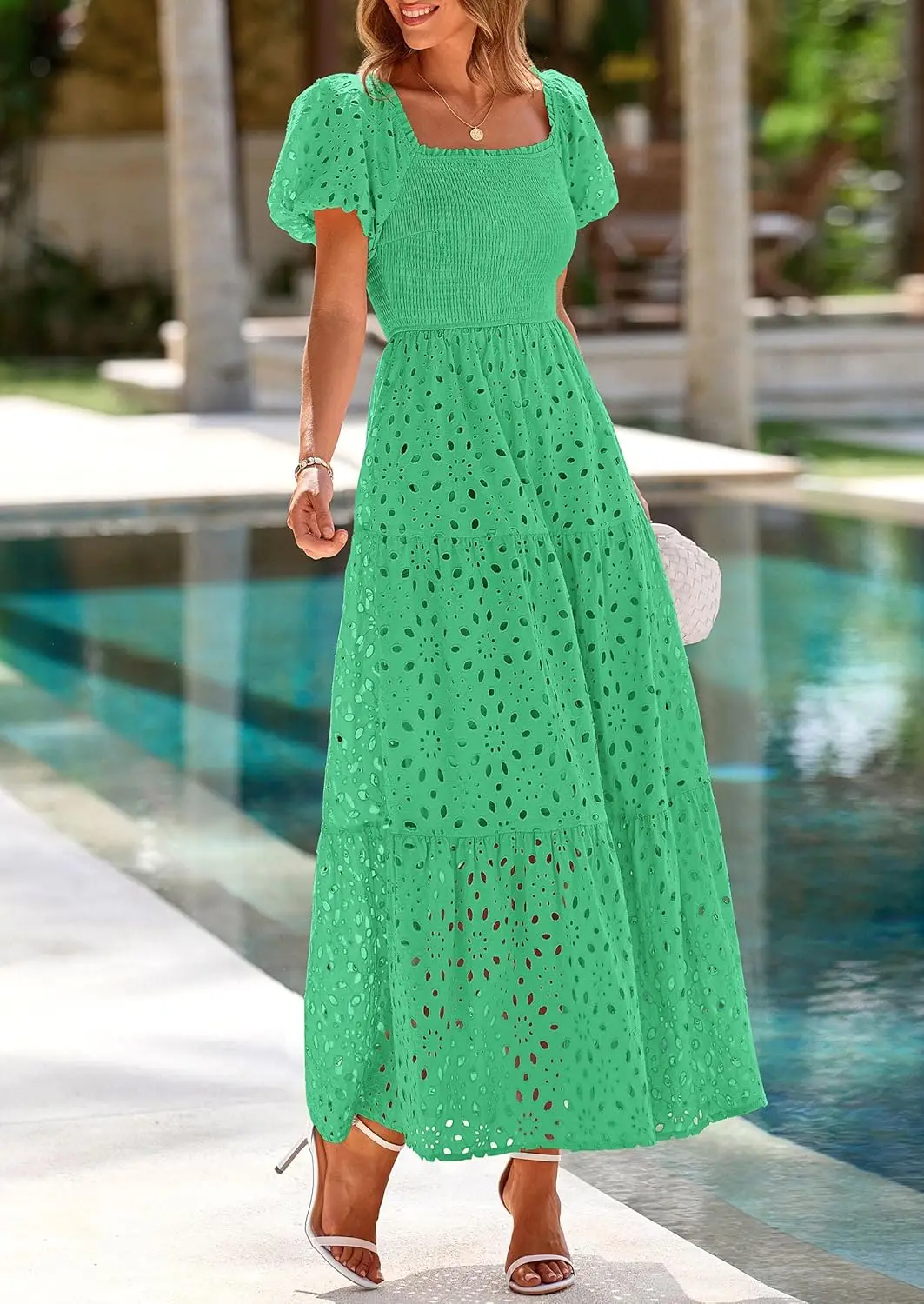 Abiti estivi da donna 2025 Abito lungo con occhielli e collo quadrato con maniche a sbuffo e smock per invitati al matrimonio con tasche