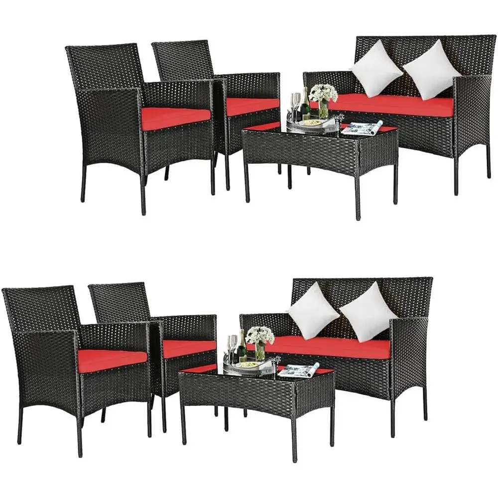 

8-Piece Rattan Outdoor Furniture Set with Loveseat, Cushions, Weather-Resistant for Balcony, Porch, Backyard, Deck - Red