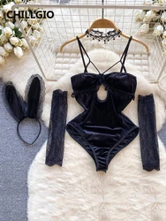 CHILLGIO Women Lace Patchwork Velour Strappy Catsuits Fashion One Piece Combination Rompers Erotic Fashion Sexy Bunny Bodysuits