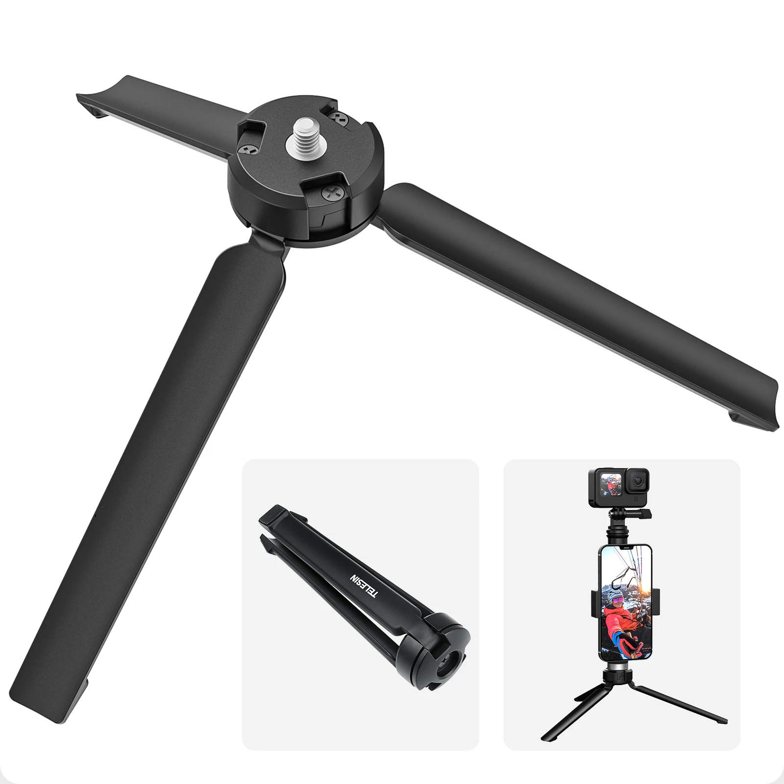 

TELESIN Aluminum Alloy Collapsible Tripod with 1/4 Screw Hand Strap For GoPro Hero 13 12 11 10 Insta360 X5 DJI Action 6 5 Camera