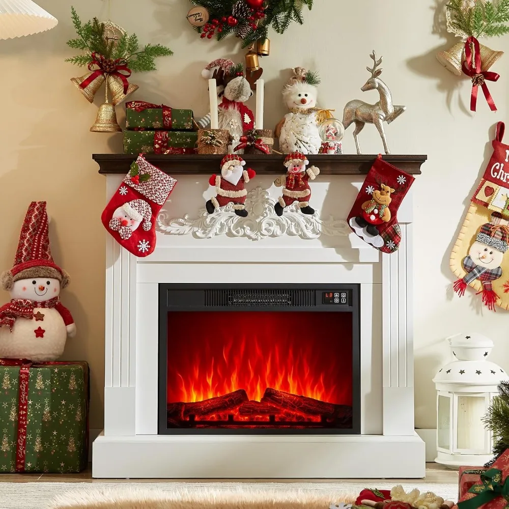 مدفأة كهربائية على طراز المزرعة مع رف وإدخال قابل للتبديل، وحامل تلفزيون لمركز الترفيه