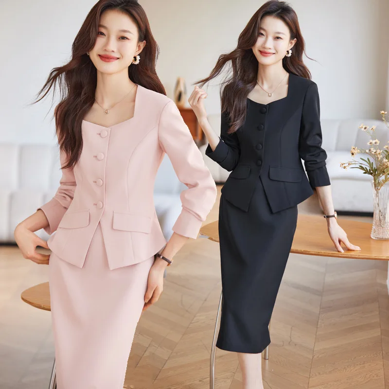 Pink Suit Skirt Two-Piece Set Spring and Autumn High Sense Temperament Goddess Style Business Wear Host Formal Wear