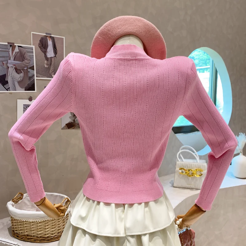 2024  Sweaters for Women Gentle Slim Korean Clothes Cropped Pink Cardigan V-neck Metal Button Knitted  Jacket Sun Shirts