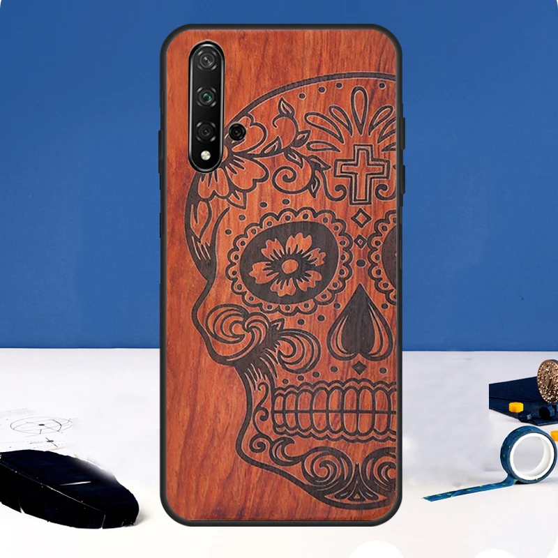 Etui z bambusowym wzorem czaszki dla Huawei Nova Y90 Y91 Y60 Y61 Y70 10 9 SE 11 Pro 5T 11i 8i 3i P20 P40 P30 Lite etui