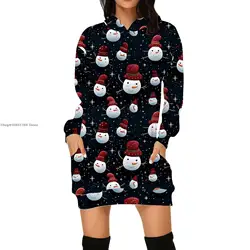 Autumn Christmas Printed Hoodies Women Long Sleeve Hooded Sweatshirt Pullovers Loose Pocket Retro Fashion Casual Dress