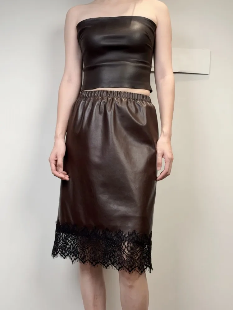 Office Women New Sheepskin Genuine Leather Lace Spliced Skirt Mid Waist Slim Fit Casual Lady Straight Skirt Elegant Wrap Skirts