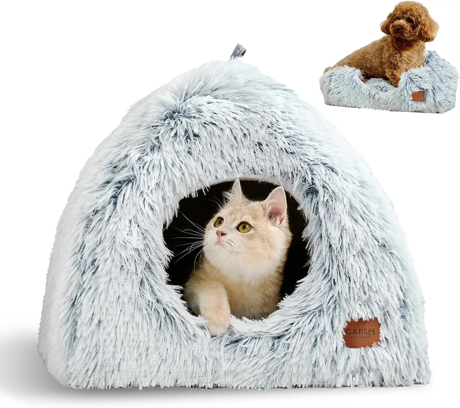 2-in-1 Foldable Cat Bed Cave, Machine Washable Fluffy Pet Bed for Indoor Cats and Small Dogs, Gray