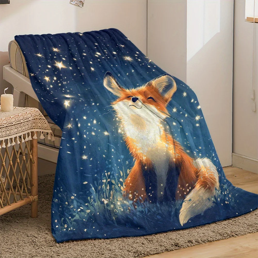Nine Tailed Fox Throw Blanket Mystic Celestial Starry Night Mythology Animal Art Glowing Cover For Couch Bed RV Banquette