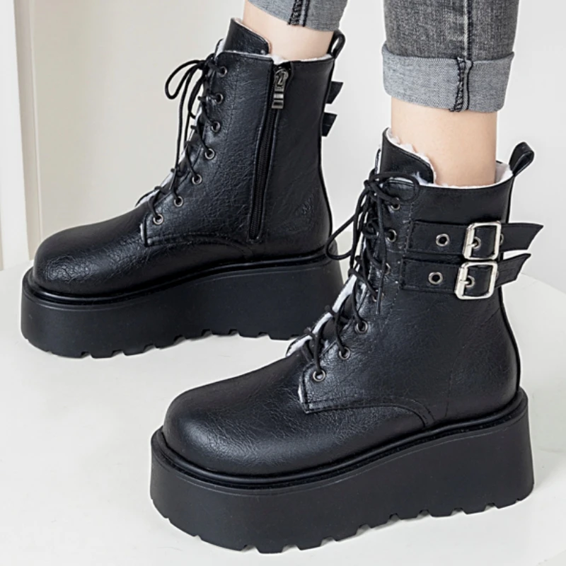Black Platform Combat Ankle Boots for Women Retro Lace Up Buckle Woman Shoes Winter Motorcycle Boots Wedge Heels Gothic Shoes