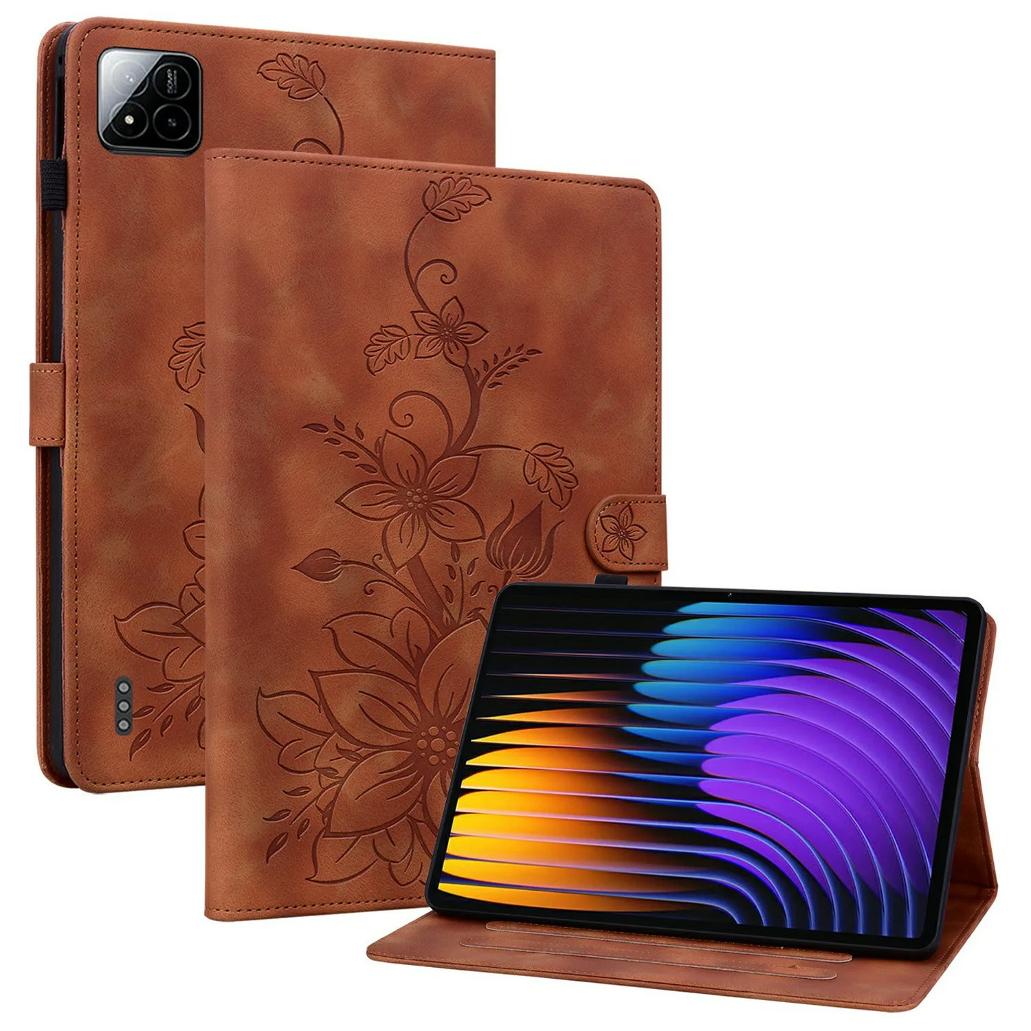

For Xiaomi Pad 7 Pro / Pad 7 Case Lily Flower Imprint Card Slots Leather Tablet Cover - Brown