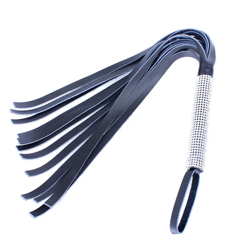 L54cm SM Crystal Diamond-Handled Black Genuine Leather Long-Handled Whip SP Punishment Leather Flogger Prop Couple Sex