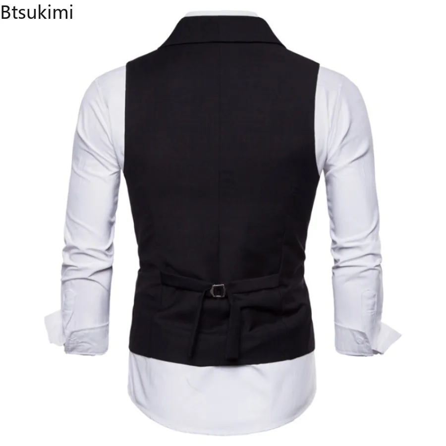 Rompi Jas Pria Kelas Atas Mode Warna Solid Rompi Gaun Desain Kancing Dua Baris Rompi Formal Ramping Pria Jaket Rompi Tanpa Lengan