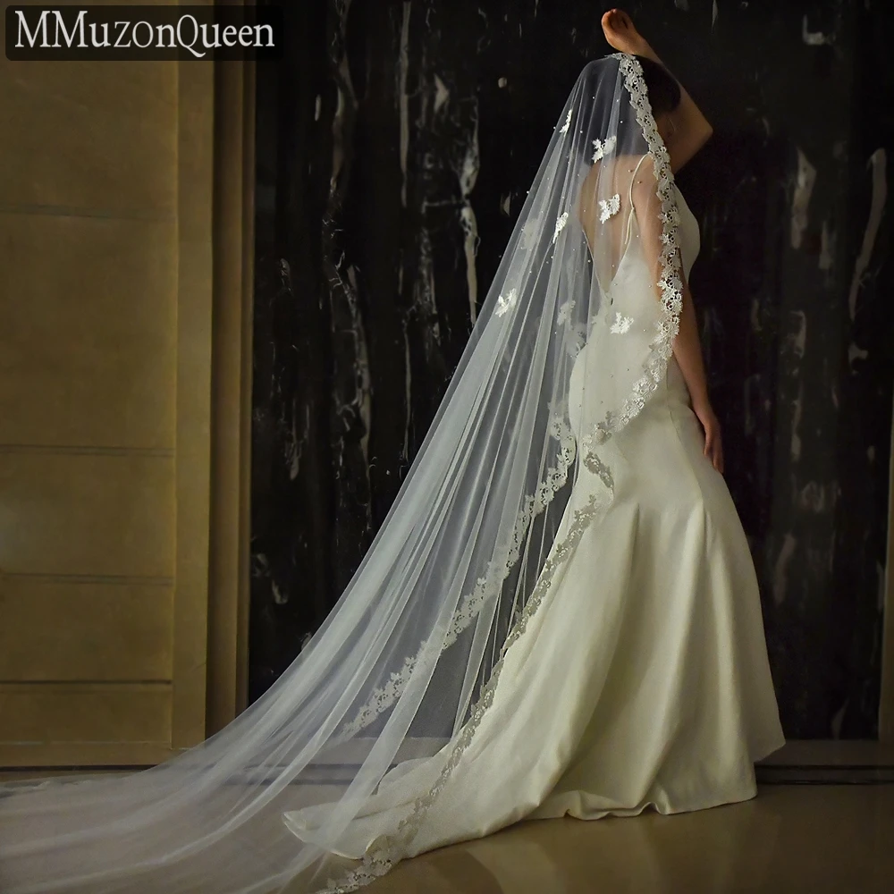 TOPQUEEN الزفاف الدانتيل طرحة زفاف لينة شريطة من الدانتيل اللؤلؤ الحجاب الزفاف كاتدرائية 1 طبقة اكسسوارات الزفاف للتخصيص M10