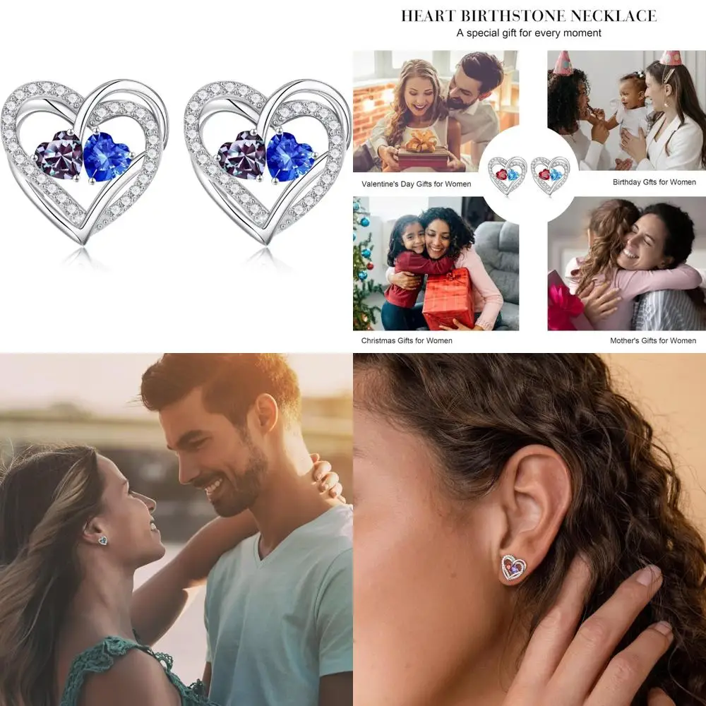 

Sterling Silver Double Birthstone Earrings, Heart Studs, Perfect Anniversary Birthday Gifts for Women, Celebrate Special Occasio