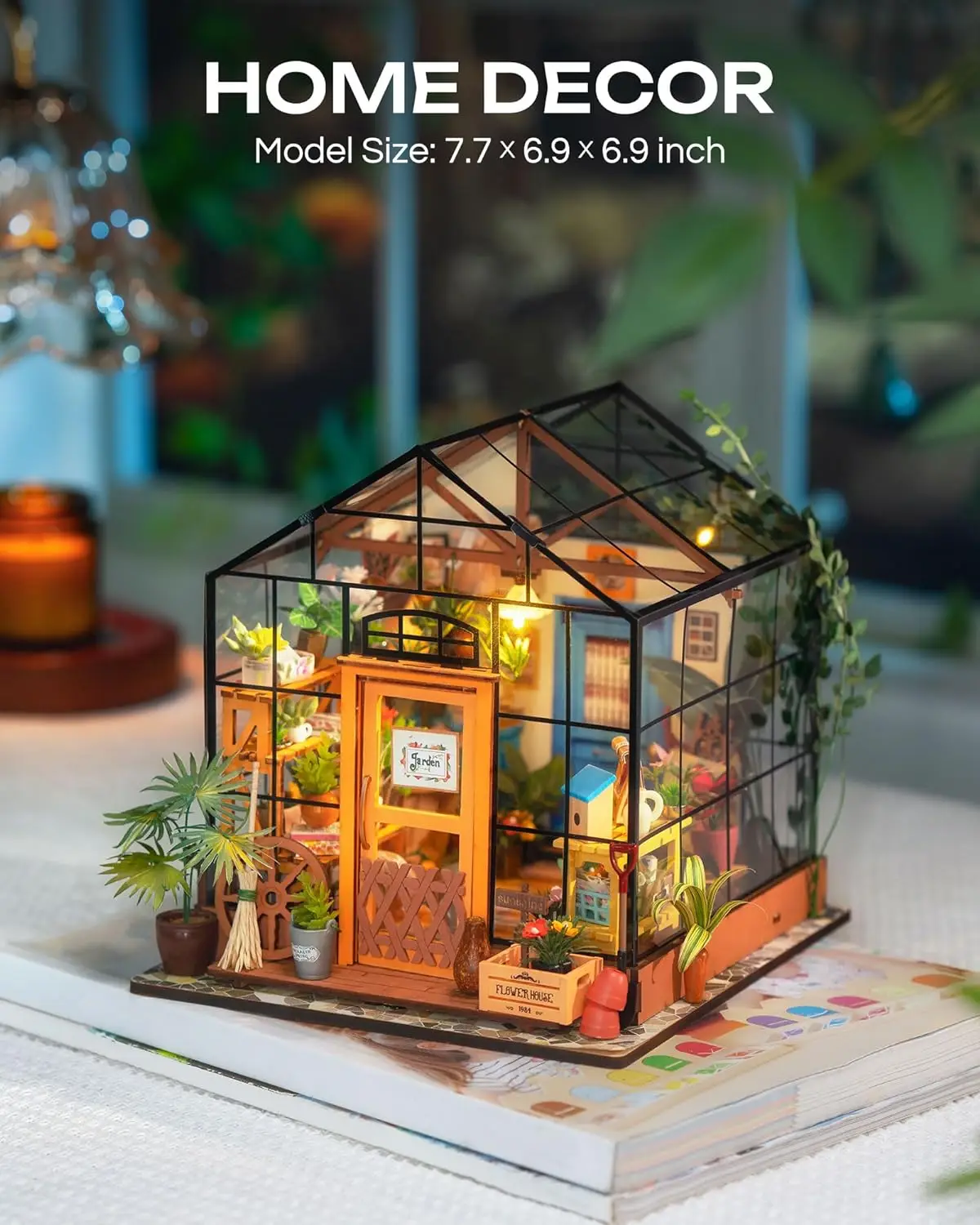 Rolife Mini Green House Cathy\'s Flower House DIY Dollhouse Wooden Miniature Furniture Kit with LED Best Birthday Gifts