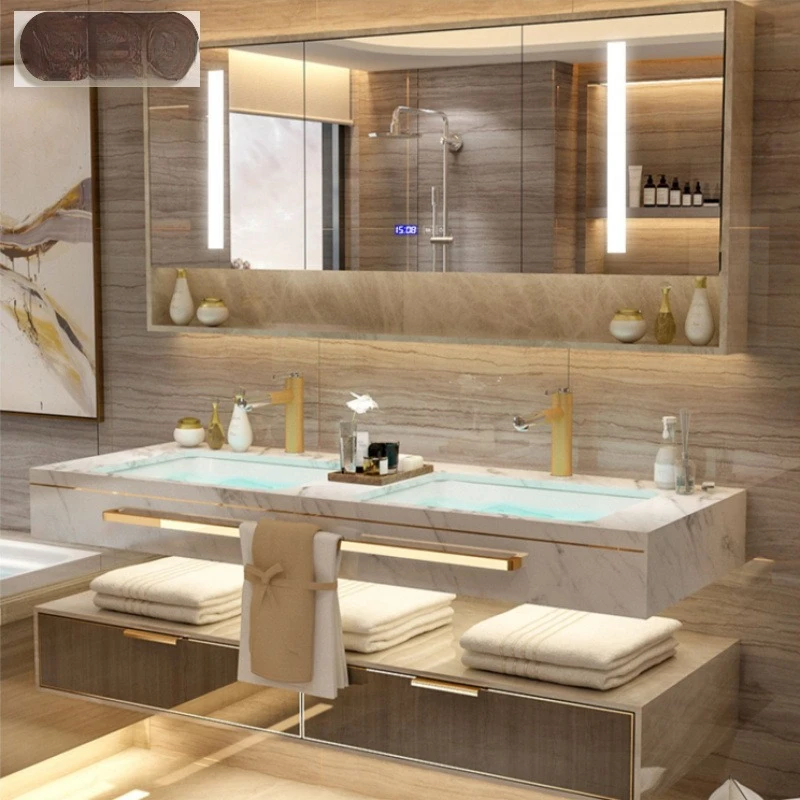Simple bathroom wash table hand wash face integrated basin cabinet hotel light luxury rock slab
