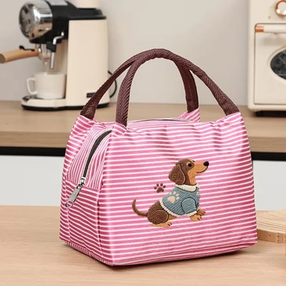 Cute Puppy Embroidery Thermal Lunch Bag Insulated Striped Tote Bag Handheld Portable Food Container Bag Picnic