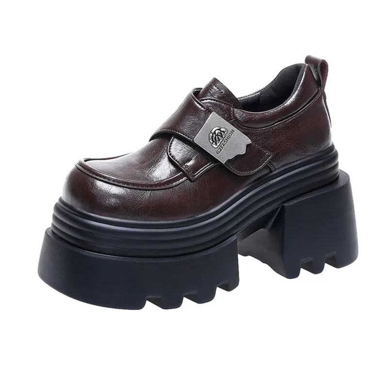 

New 10CM Heels Buckle Casual Leather Shoes 2025 Autumn Women Chunky Sneakers Comfortable Pumps High Platform Walking Shoes Woman