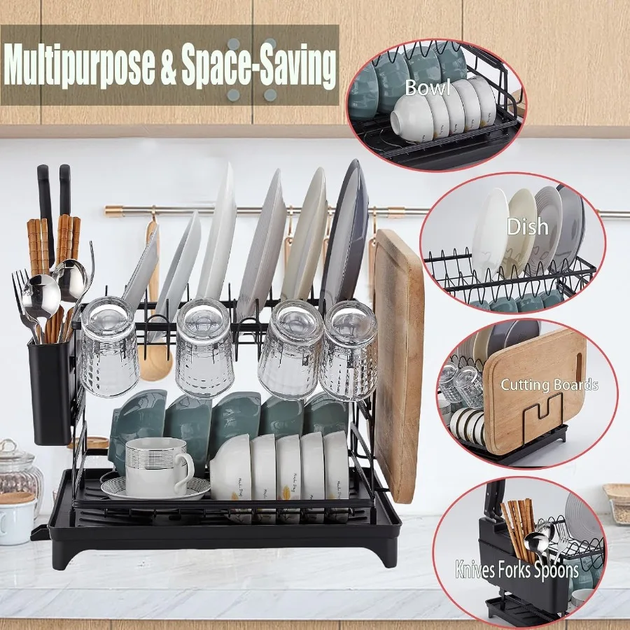 Rak Pengering Piring 2 Tingkat Rak Piring untuk Meja Dapur Rak Pengeringan Besar dengan Organizer Pengering Piring Tahan Karat Papan Pembuangan dengan