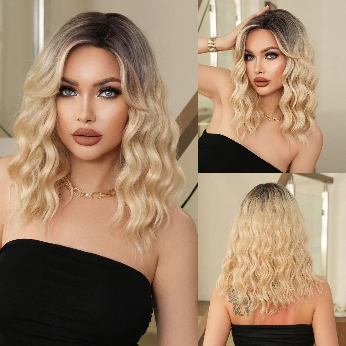 

Long Wave Ombre Blond Wigs Short Curly Hair Lace Front Wigs Pre Plucked