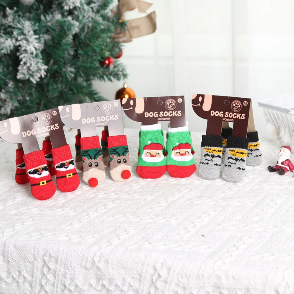 4Pcs Non-Slip Pet Christmas Socks Set Puppy Knitted Paw Protector Christmas Pattern Foot Covers Small Dogs Anti Slip Cat Socks