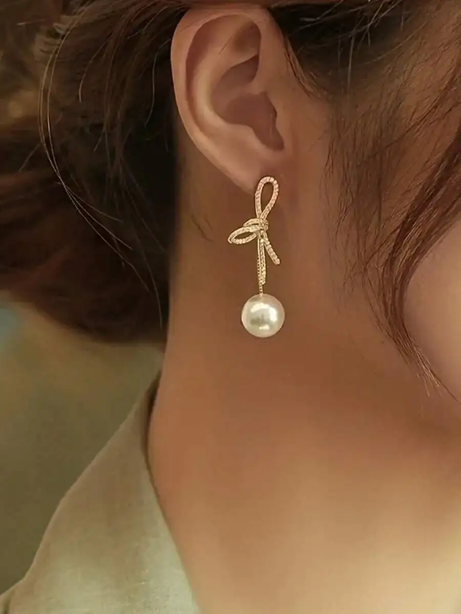Elegant Retro Bowknot Pearl Earrings, Perfect For Daily Fashion Or Valentine's Day Gift, Mother's Day Gift For Mom