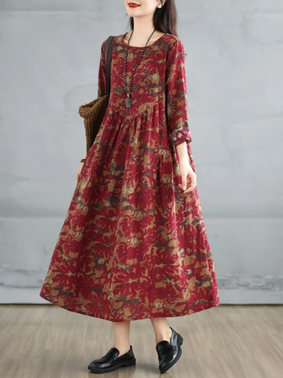 

Loose Cotton Linen Print Long Sleeve round Neck Dress Autumn Wear Casual Style A-Line Skirt Full Size Women Cut Label