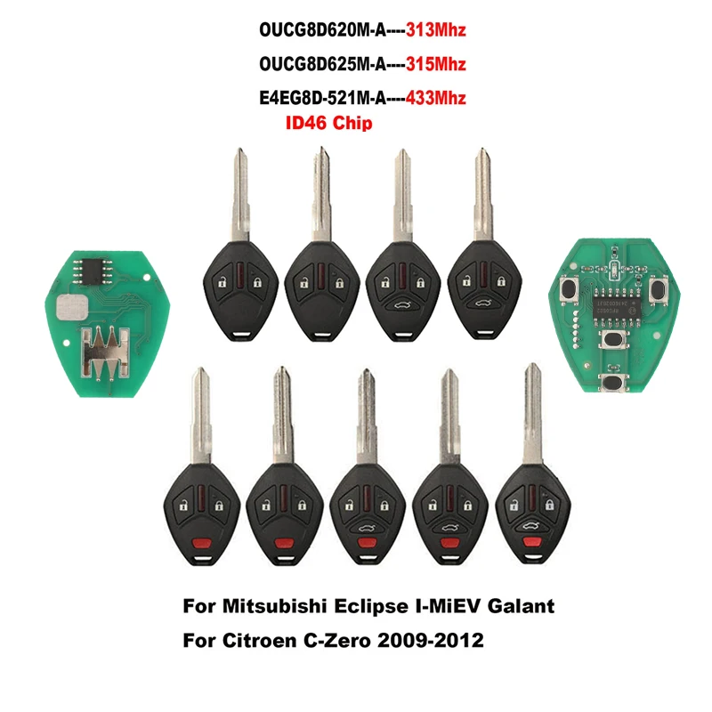 

Jingyuqin дистанционный ключ от машины для Mitsubishi Galant Eclipse I-MiEV Citroen C-Zero 2009-2012 OUCG8D620/625/521M-A 313/315/433Mhz ID46