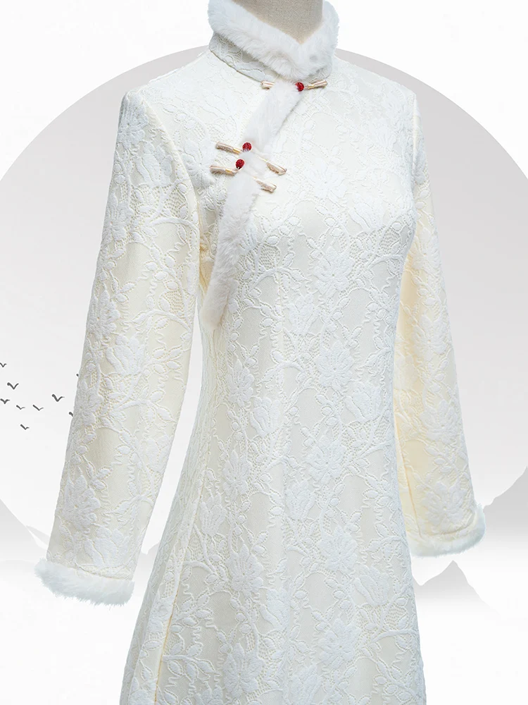 

Ele White Lace Fce Lined Thiened Autumn Winter Long Sve Qipao Dr Women's Faionable Chinese Sle Clothing