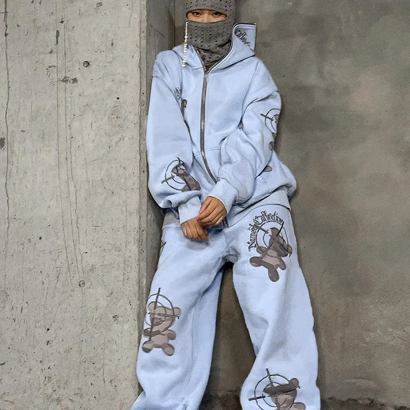 High Street Fashion Little Bear Embroidery Loose Hooded Sweatshirt Long Pant Sports Suit Couple Casual Y2k Sweatshirt Hoodie