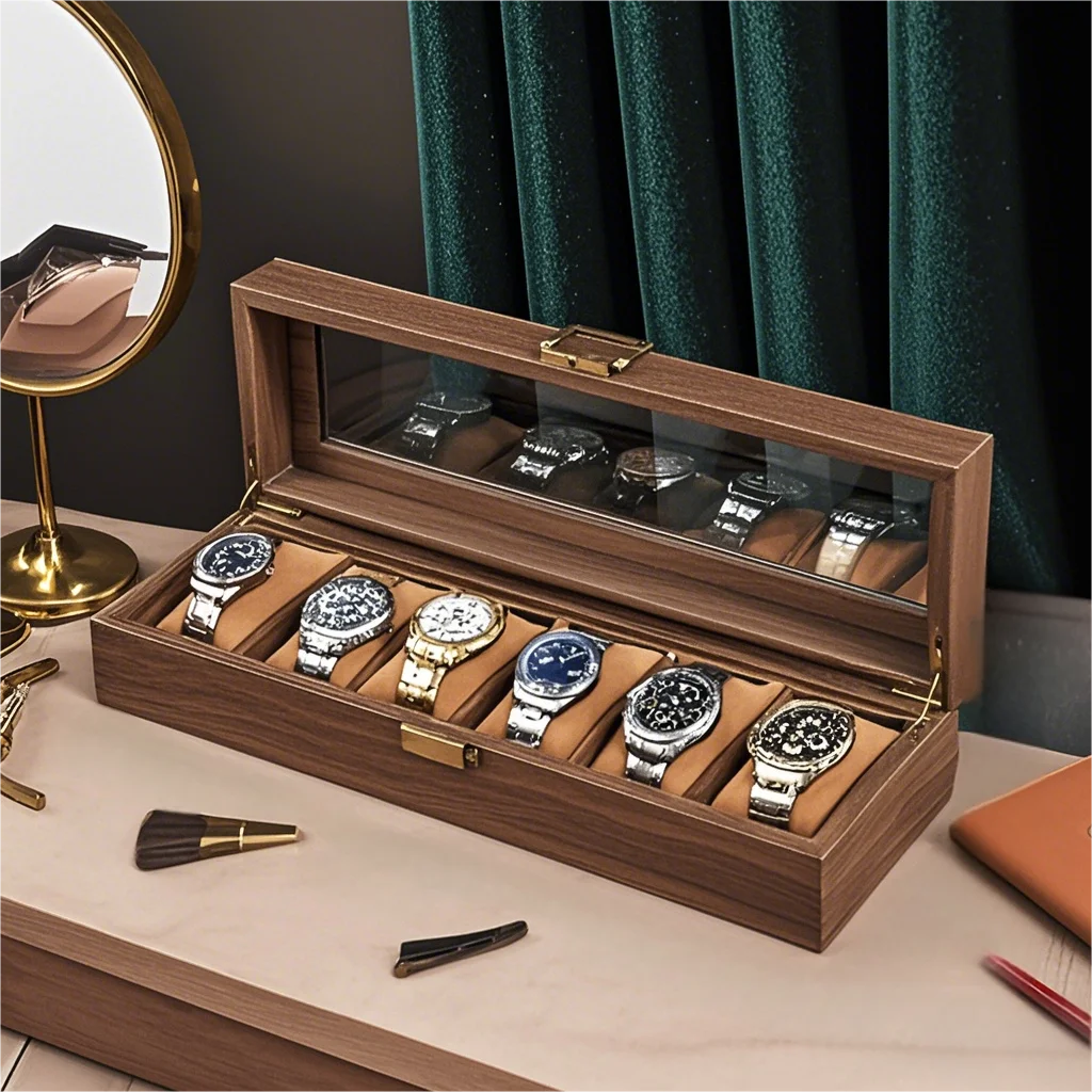 2/3/6/10/12 Slot Pu Leather Watch Box Protable Travel Watch Case Storage Vintage Wood Colour Buckle Watch Stand Jewelry Organize